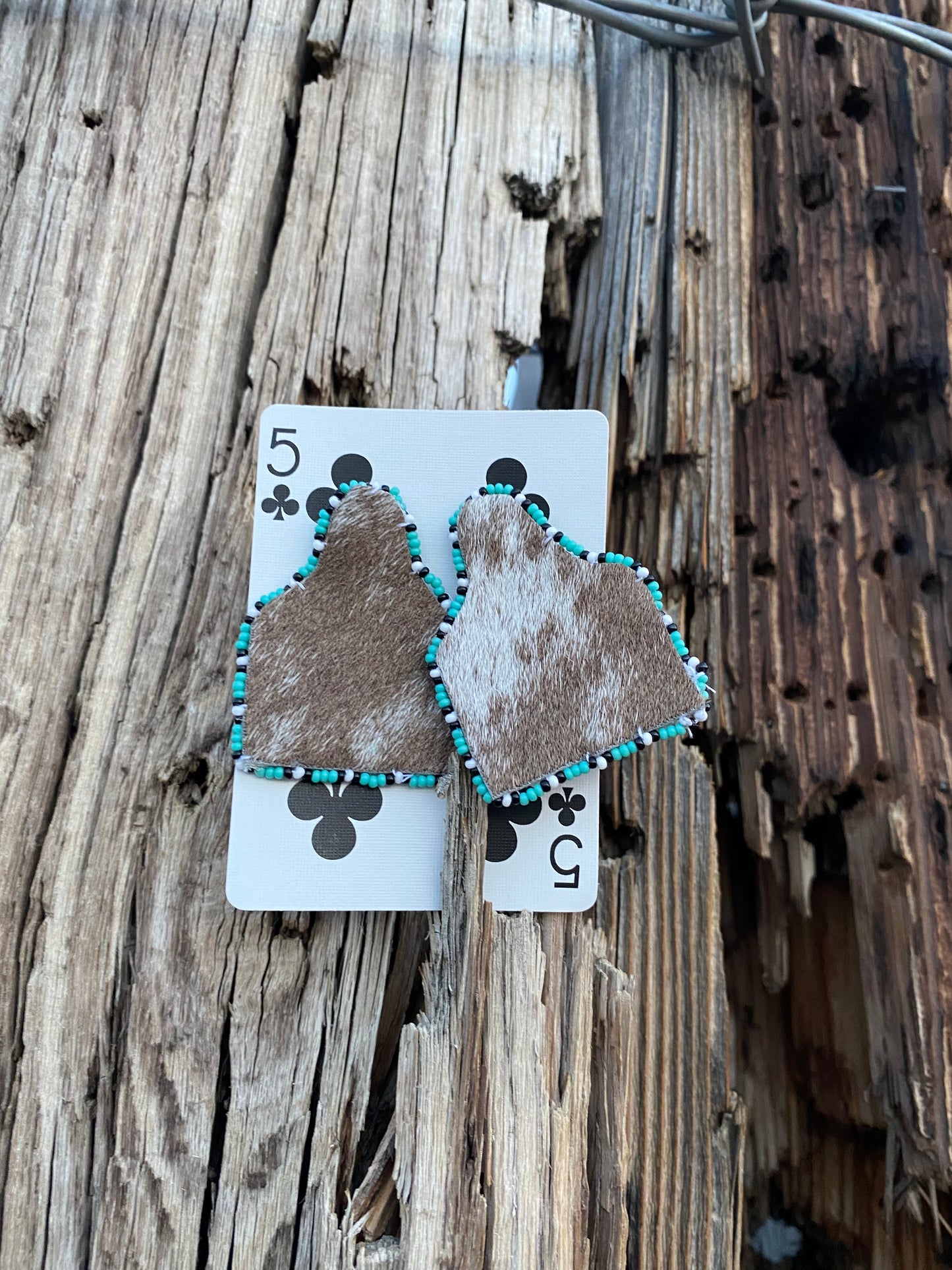 Cowhide beaded tag earrings