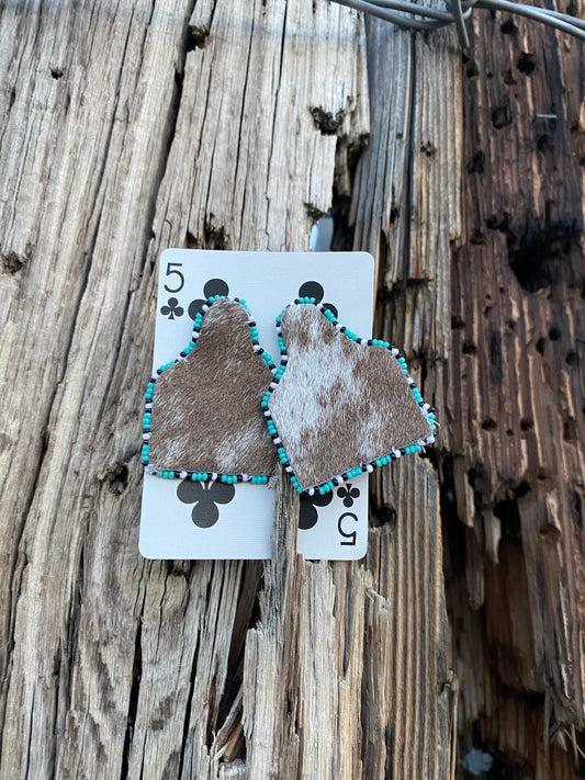 Cowhide beaded tag earrings